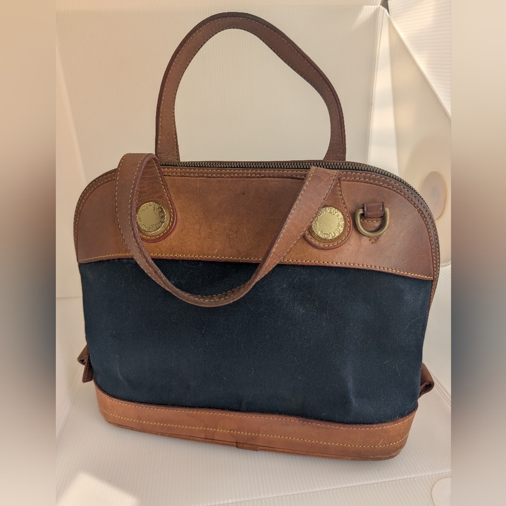 Vintage Dooney & Bourke No. B06640 Cabriolet Zip Satchel, Navy Canvas & Leather